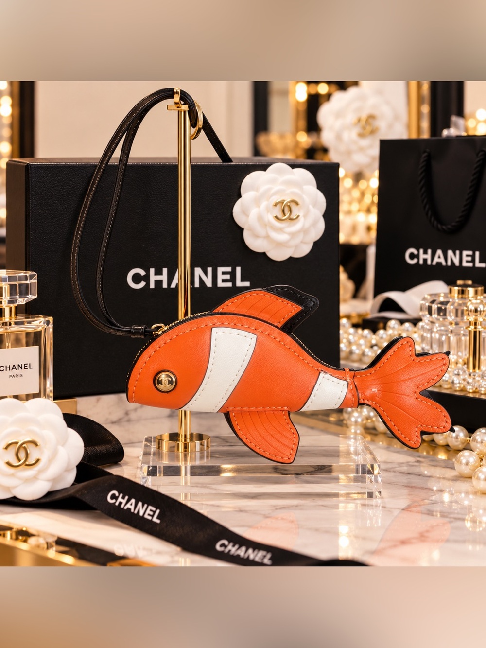 Orange Fish Keychain Bag Charm with White Accents